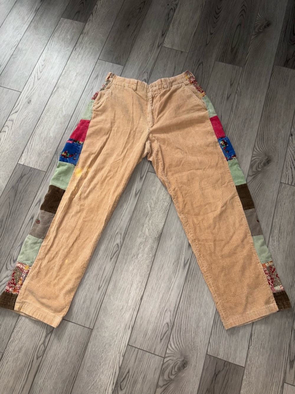 Tan Corduroy Pants with Colorful Patch Panels
